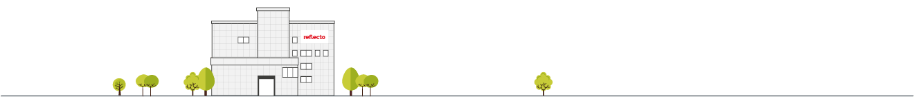 Illustration eines Gebäudes mit „reflecto“-Logo, umgeben von stilisierten Bäumen.