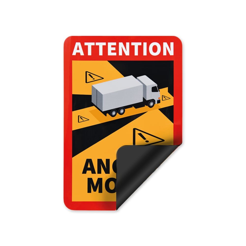 Warnschild „Angles Morts“ mit LKW-Motiv, flexible Magnetfolie, rechte Ecke angehoben