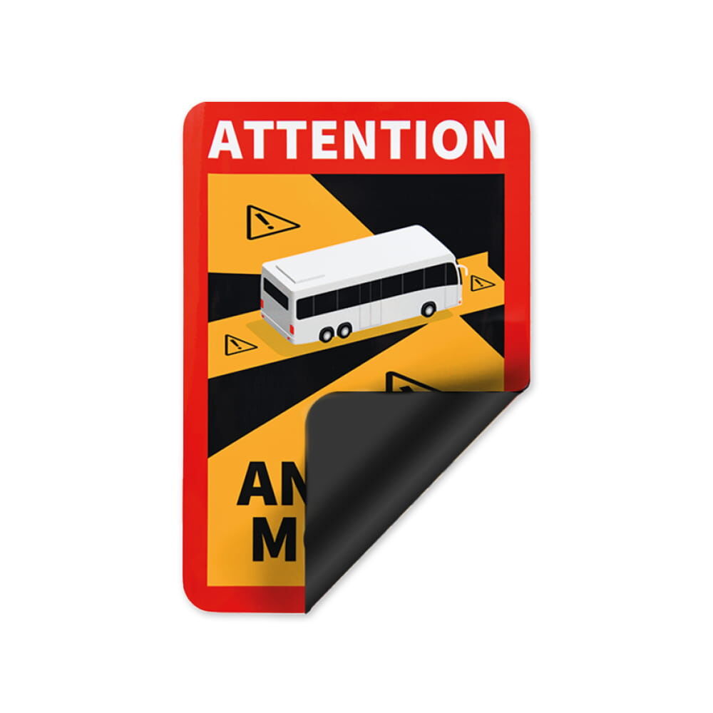 Warnschild „Angles Morts“ mit Bus-Motiv, flexible Magnetfolie, rechte Ecke angehoben