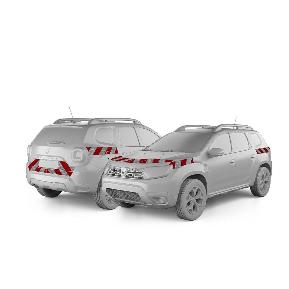 Dacia Duster II in Front- und Heckansicht mit Komplettwarnmarkierungssatz, Baujahr 2018