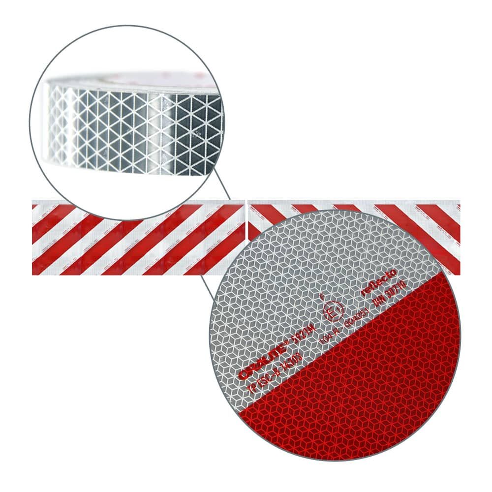 Detailansicht Reflexfolie: mikroprismatische Struktur der rot/weißen Warnmarkierung