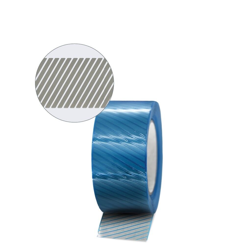 Frontale Ansicht 25 m 3M Scotchlite 5510 Rolle, silber mit blauem Liner. Detailzoom mit Segmenten
