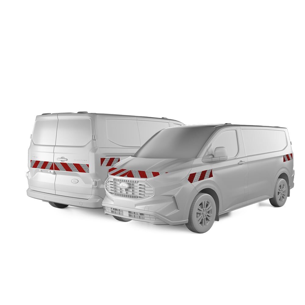 Ford Transit Custom in Front- und Heckansicht mit Komplettwarnmarkierungssatz, Baujahr 2023