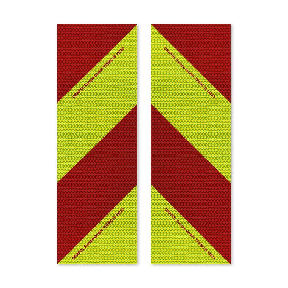 Zwei magnetische VC 612 Warnmarkierungs-Zuschnitte, Vorderseite rot-fluorlime