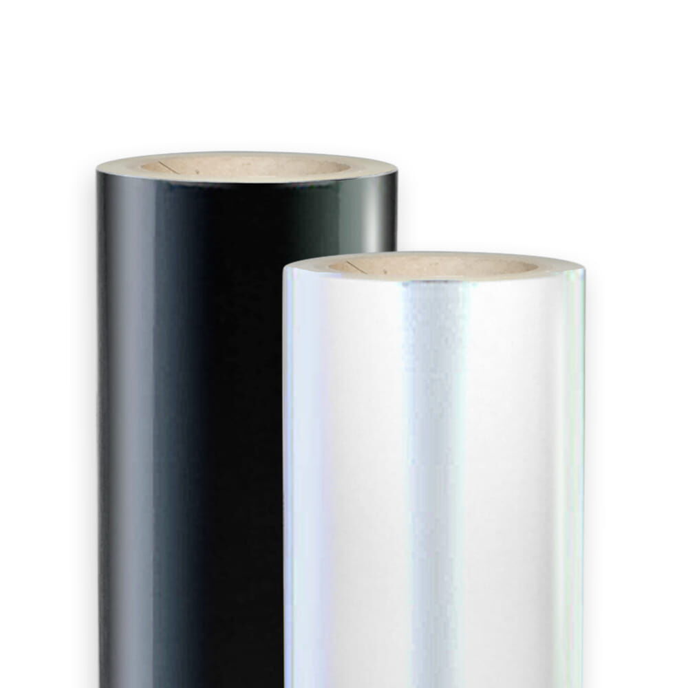 Zwei Rollen Orafol 5021 Economy Cal – schwarz glänzend und transparent nebeneinander
