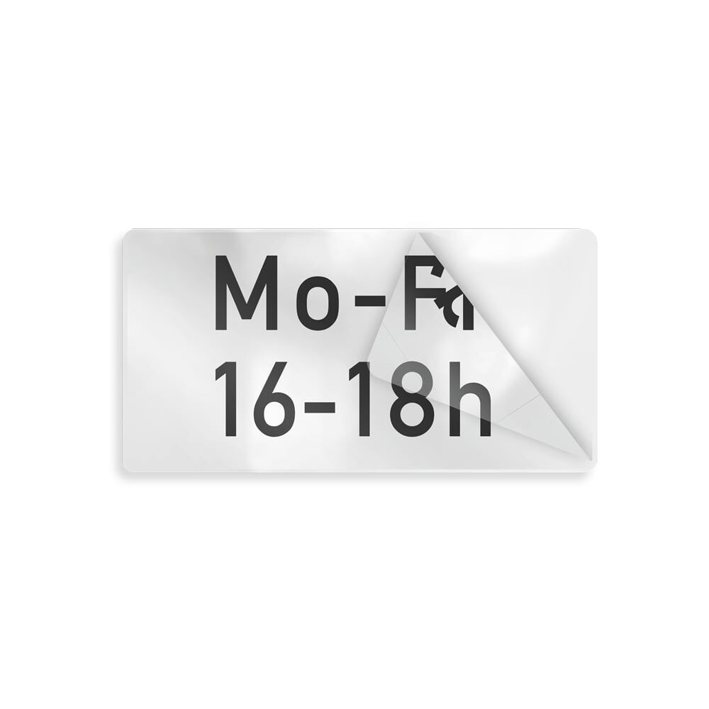 Ablösbares Overlay Mo-Fr, 16-18 Uhr", Ecke abgezogen