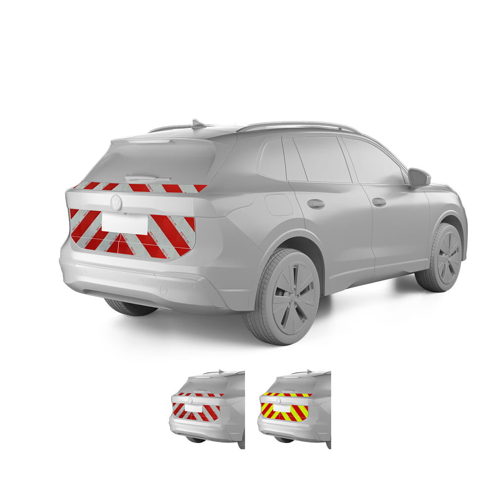 VW Tiguan III, Baujahr 2024, Heckwarnmarkierung mit Variantenvorschau der Farben