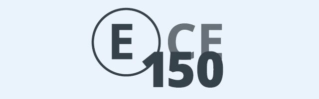 ECE 150 – UN-Regelung 150 Das Logo der ECE-Norm 150 in schwarz auf hellblauem Hintergrund.