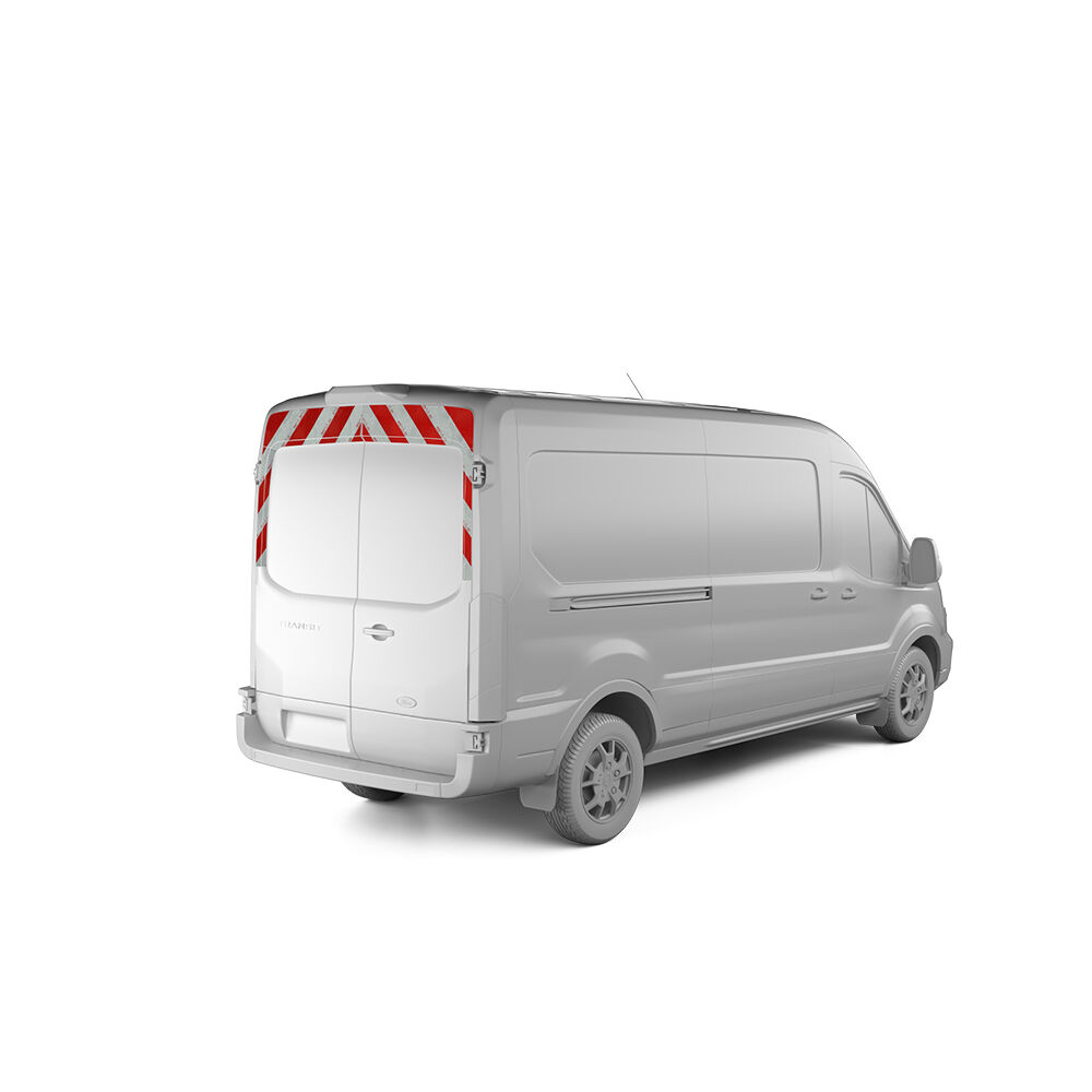 Ford Transit, Baujahr 2020, Heckwarnmarkierung oben ohne Blindfenster für Höhe 2, rot-weiß