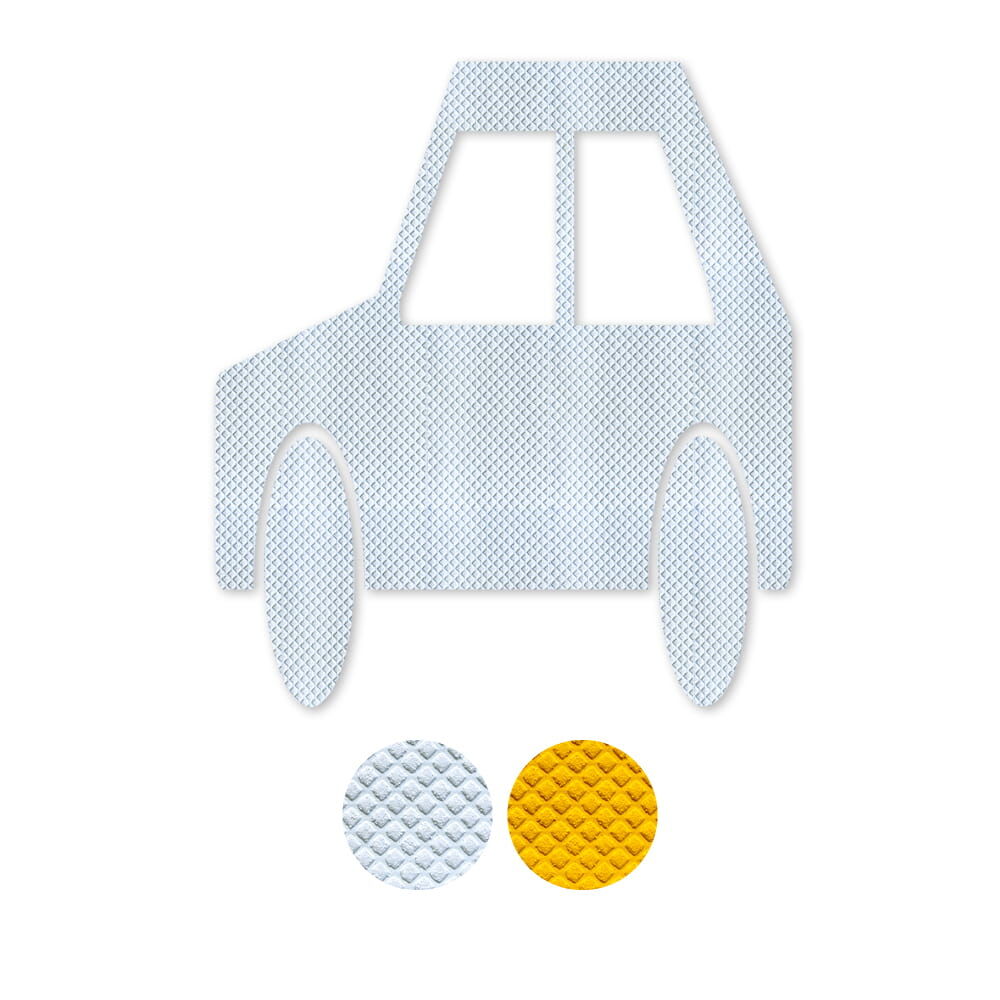 Pkw-Piktogramm aus 3M Stamark A380 und A721 mit Farbmustern in Weiß und Gelb