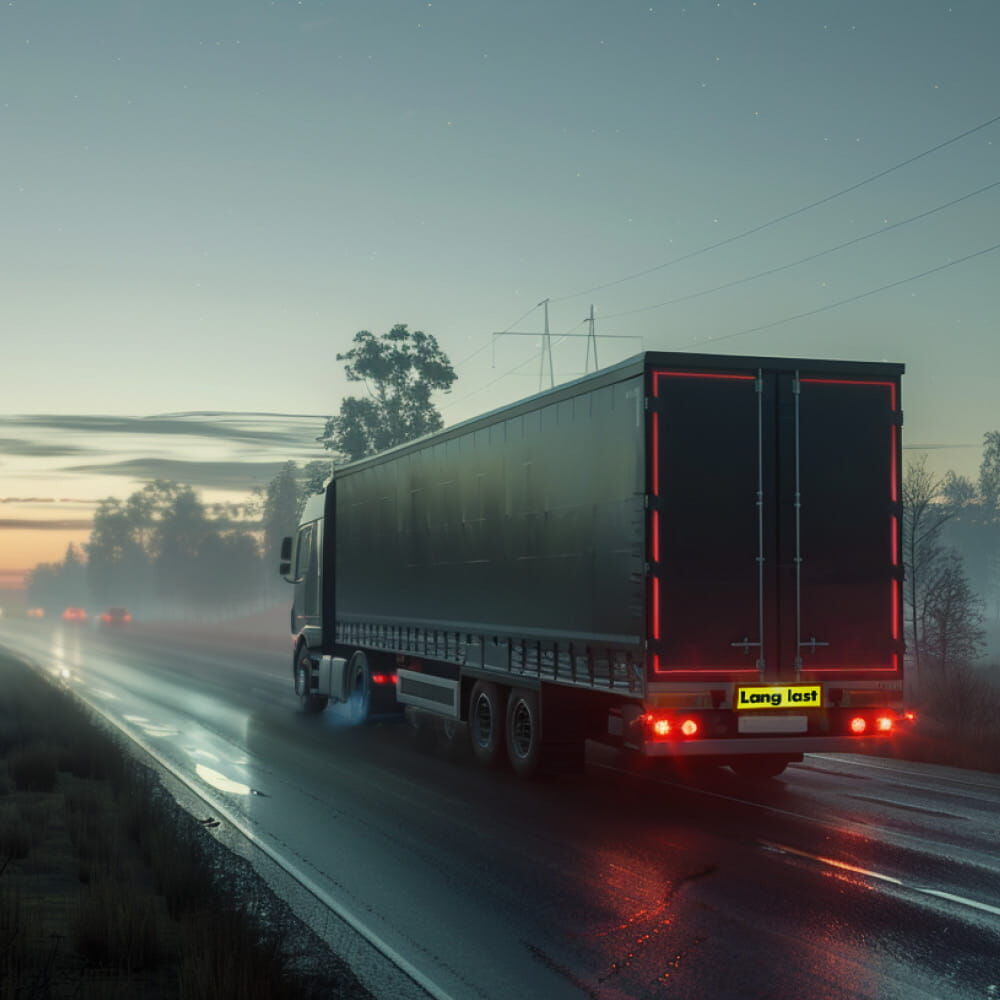 LKW bei Dämmerung mit reflektierender „Lang last“-Tafel auf nasser Landstraße