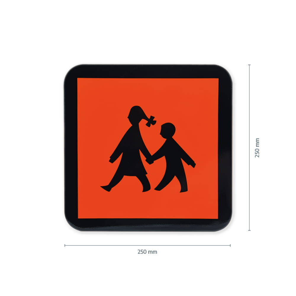 Schulbusschild 250 × 250 mm mit Schulweg-Motiv auf orangem Hintergrund