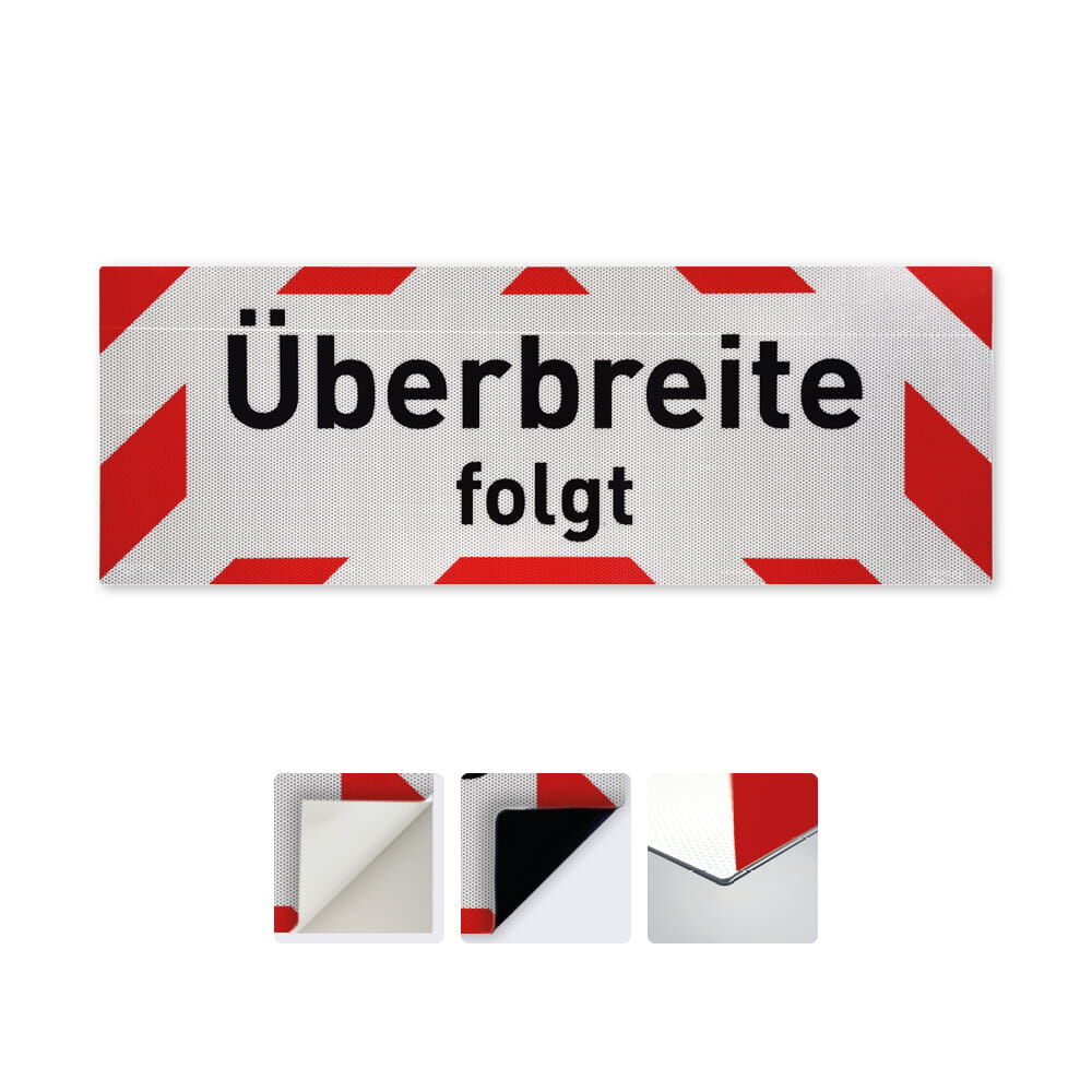 Hinweisschild „Überbreite folgt“ erhältlich als selbstklebend, magnetisch oder auf Aluverbund