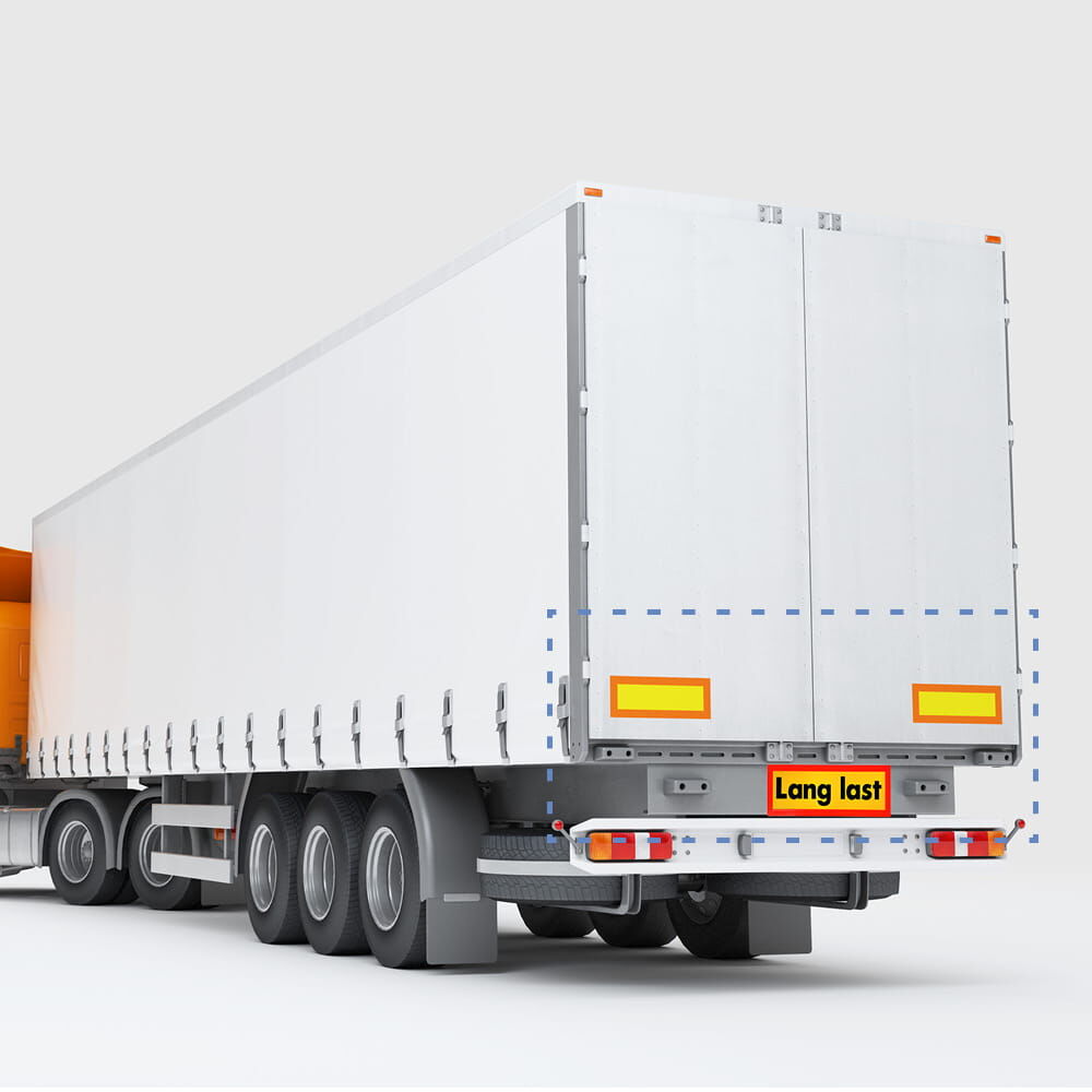 Illlustration: Weißer Auflieger mit montierter „Lang last“-Tafel und markierten Warnflächen