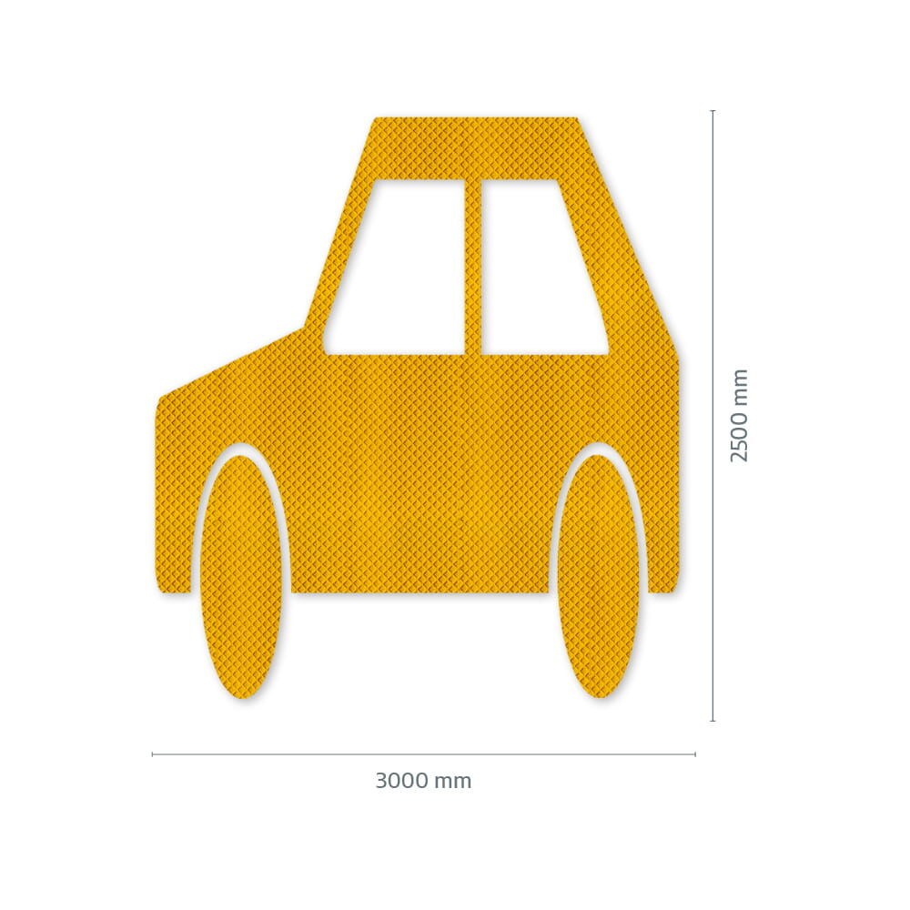 Pkw-Piktogramm aus gelber 3M Stamark Fahrbahnmarkierung mit Maßangaben: 3000 × 2500 mm