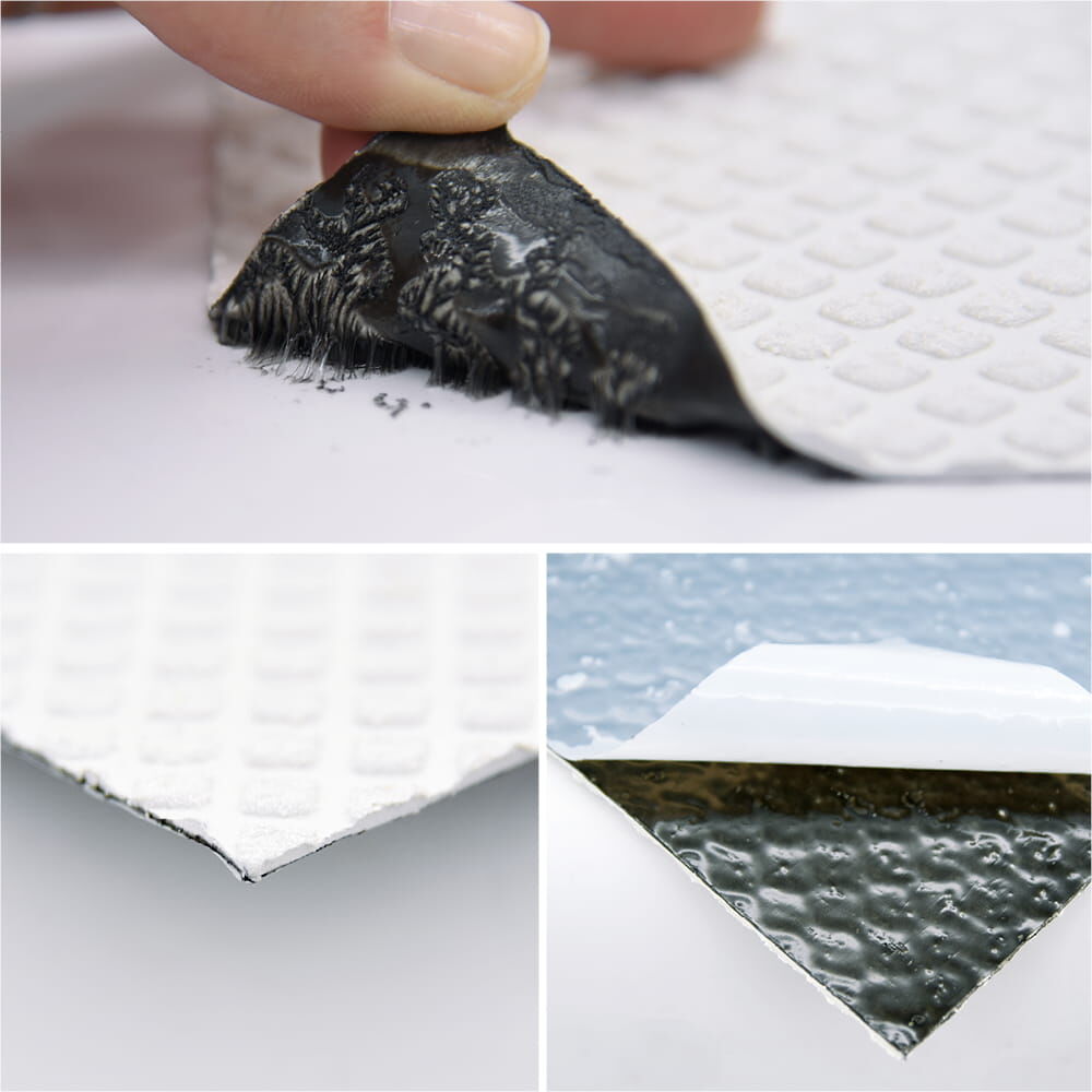 Detail-Collage der Fahrbahnmarkierungsfolie: Textur, Kantenansicht und strukturierte Rückseite