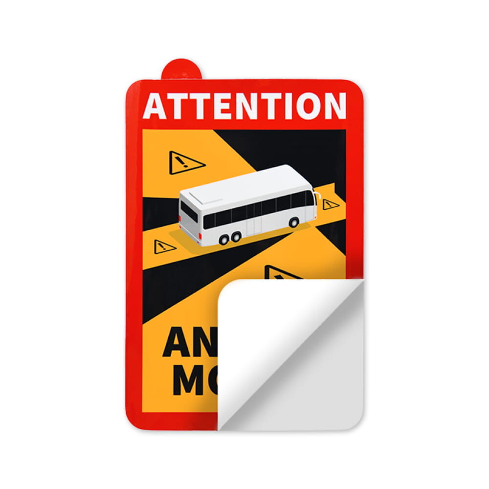 Warnaufkleber „Angles Morts“ mit Bus und ablösbarer Ecke zum Sichtbarmachen der Klebefläche