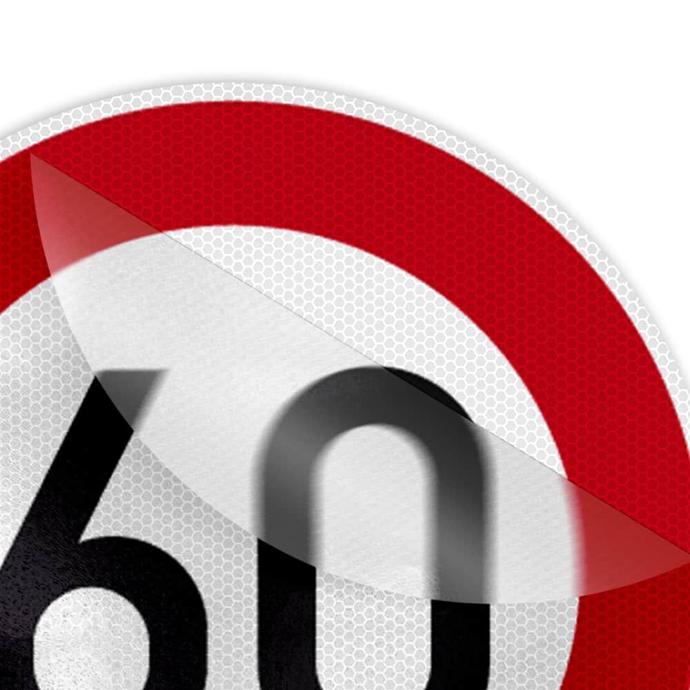 Detail: Astifol Ronde-Folie wird vom 60-Schild abgezogen