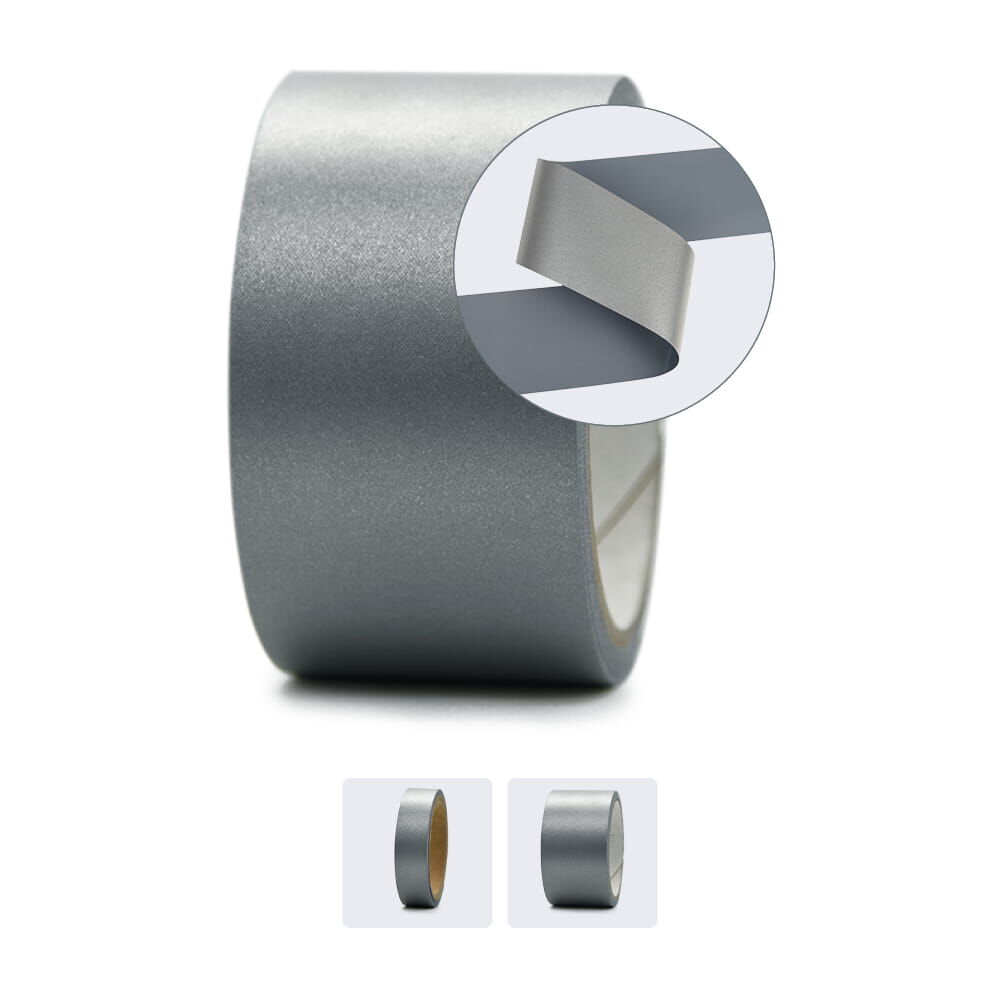 Rolle 3M Scotchlite 8735, silber, Detail-Zoom auf Textilband. Erhältlich in zwei Breiten