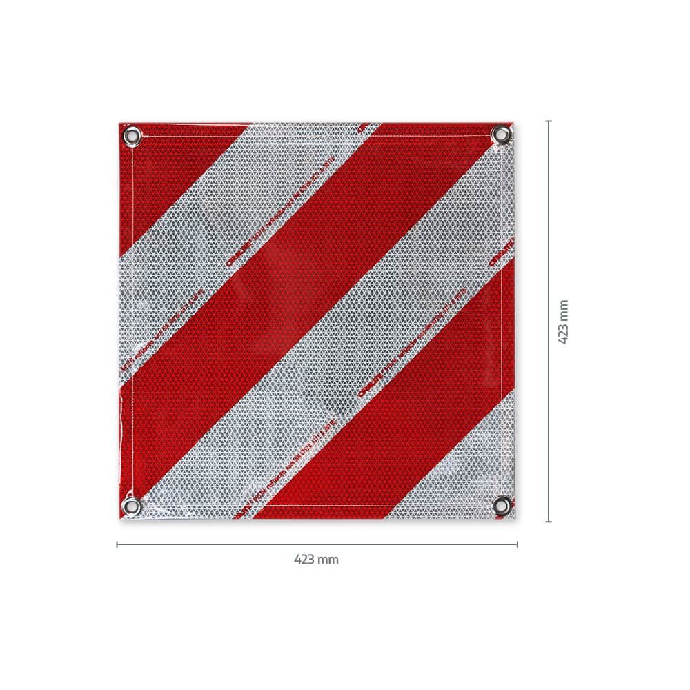 Maßangabe des Warnbanners: 423 × 423 mm mit diagonaler Pfeilung