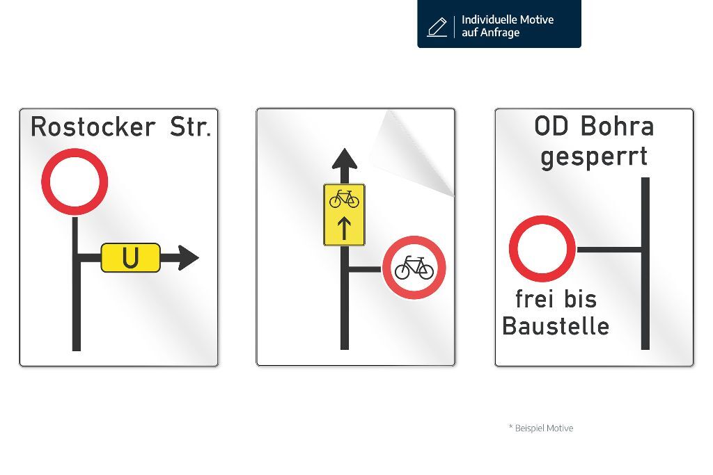 Drei Beispiele individuell gestalteter Overlays für Plantafeln mit Verkehrszeichen und Wegweisung