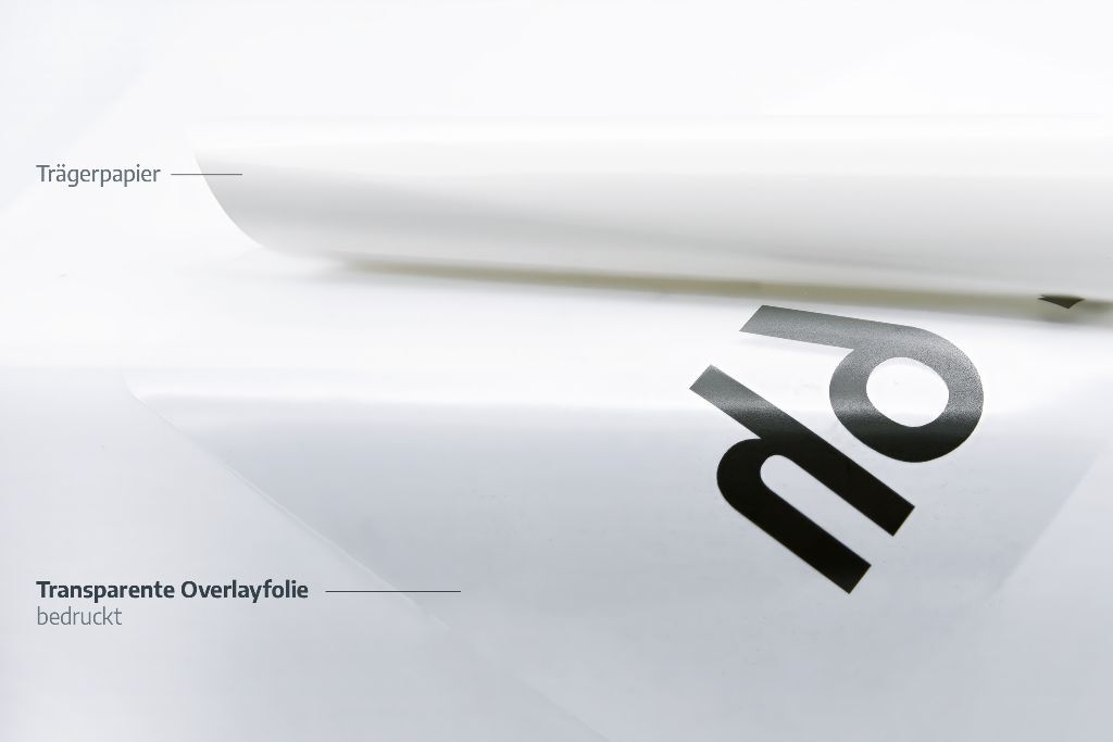 Bedruckte transparente Overlayfolie mit Trägerpapier im Detail