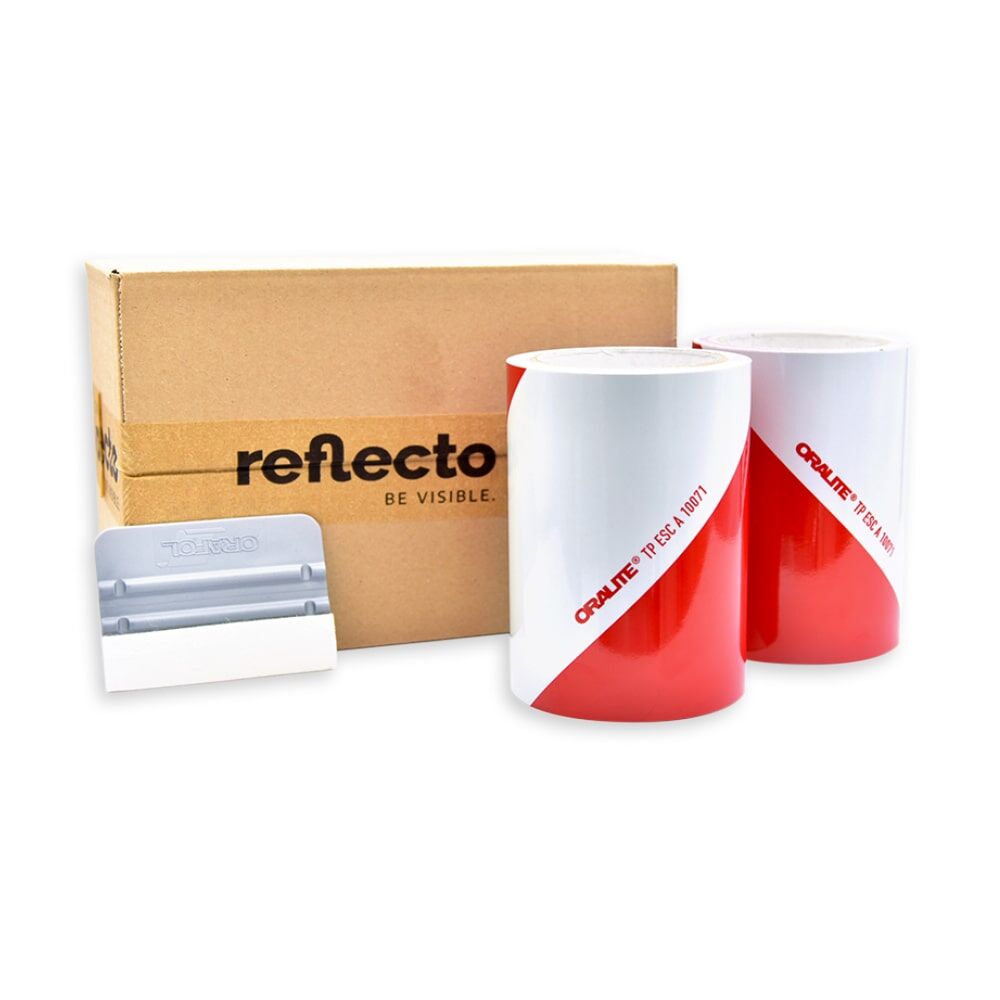 Anwendungspaket Orafol ORALITE 5421 – 2 Rollen rot/weiß + Rakel, Karton „reflecto“