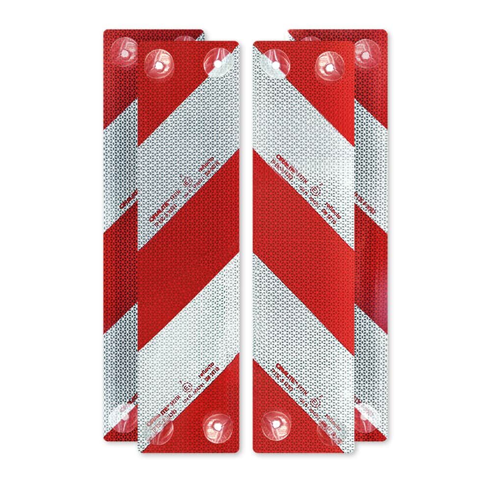 Vier Reflecto 5921M Warnmarkierungselemente mit rot-weißer RA2-Folie und Saugnapfbefestigung