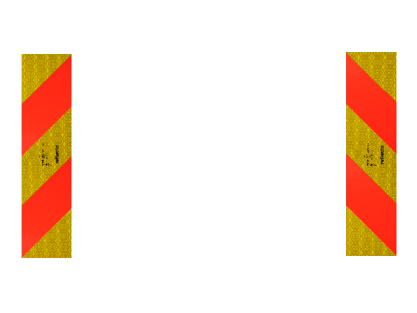 Zwei Heckwarntafel-Halbmarkierungen für Zugmaschinen mit größerem Abstand horizontal nebeneinander, jeweils mit diagonal verlaufenden fluoreszierenden-roten und gelb reflektierenden Streifen.