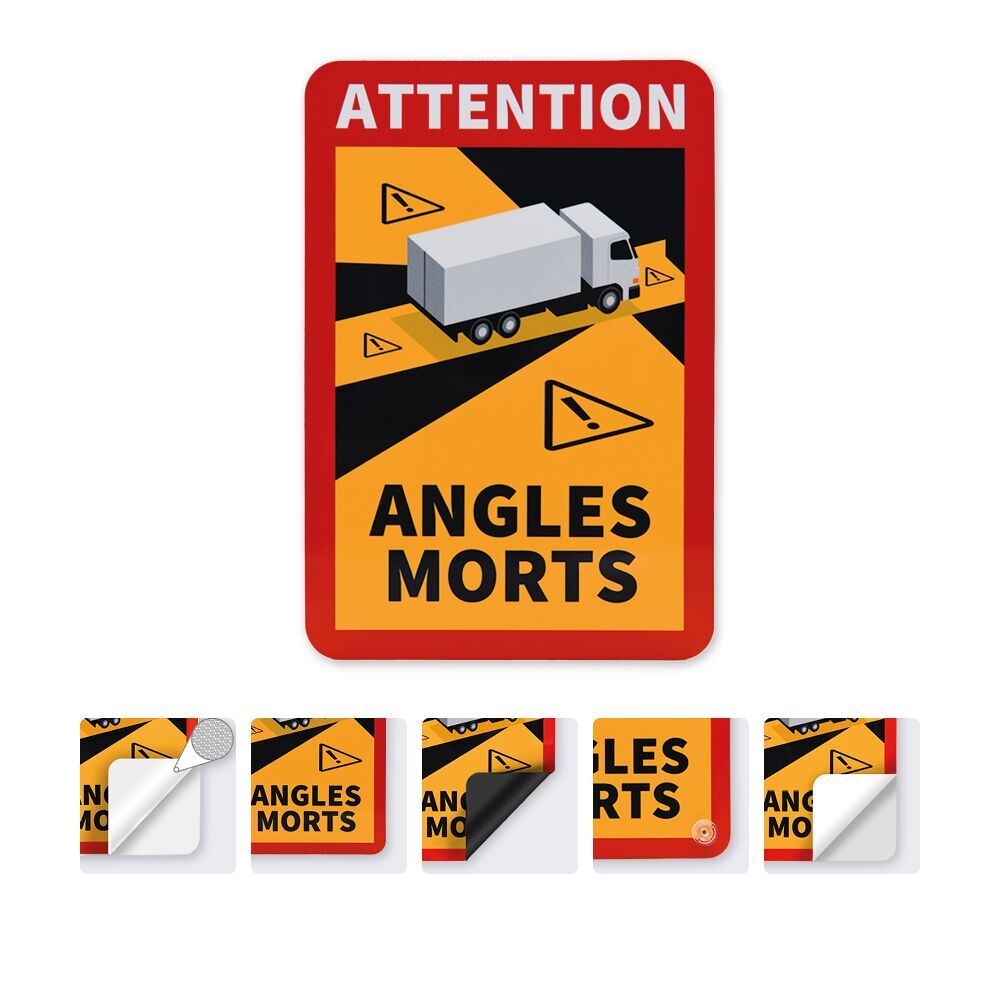 Warnschild „Angles Morts“ mit verschiedenen Varianten in kleiner Vorschau unten