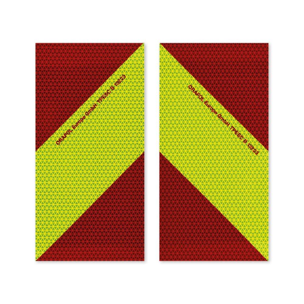 Zwei magnetische VC 612 Warnmarkierungs-Zuschnitte, Vorderseite rot-fluorlime