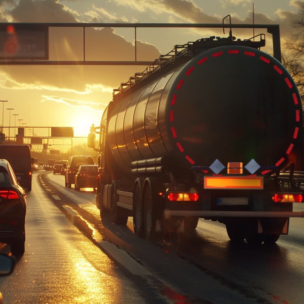 Tanklastzug mit reflektierender ADR-Tafel fährt bei Sonnenuntergang auf nasser Autobahn.
