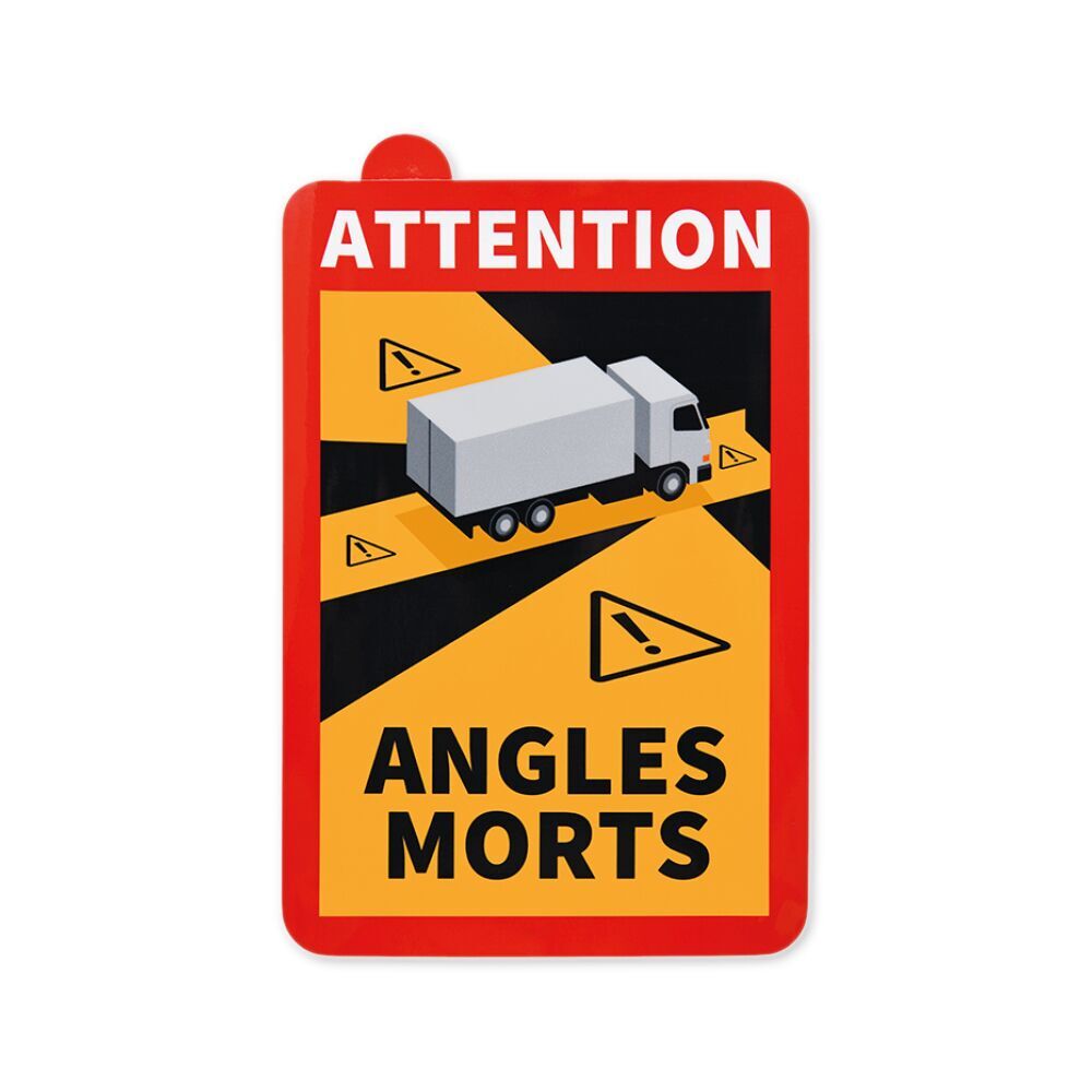 Warnschild „Angles Morts“ mit rotem Rand und LKW-Motiv, komplett sichtbar