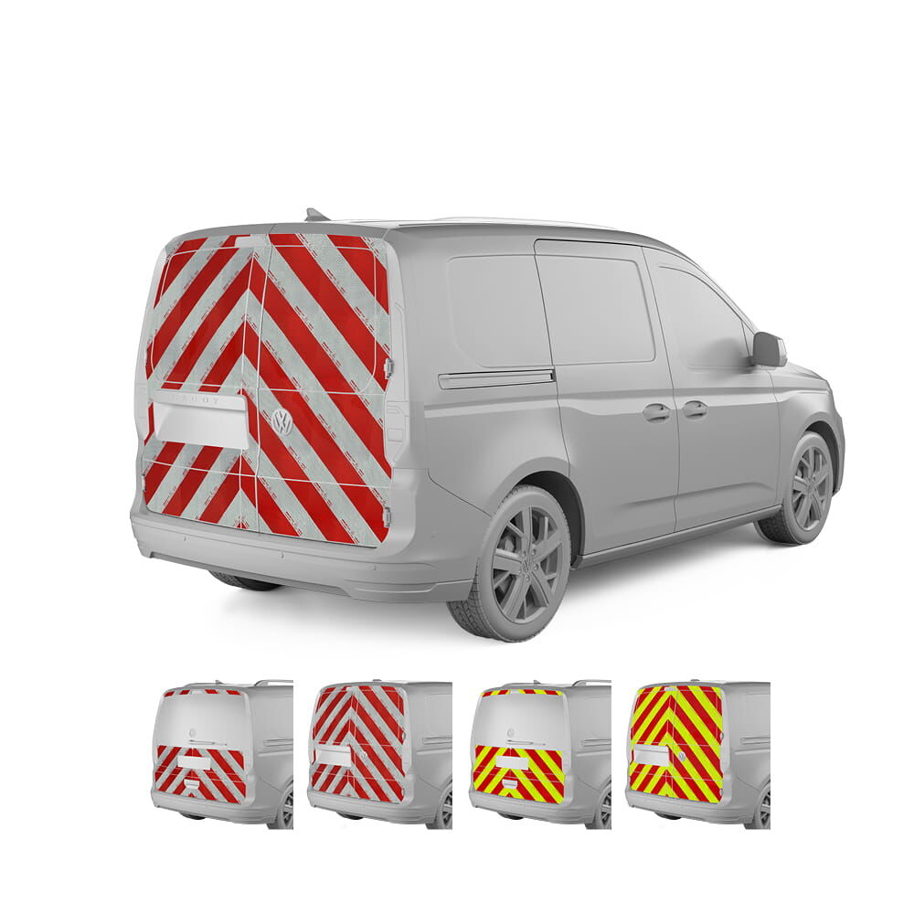 VW Caddy V, Baujahr 2021, Heckwarnmarkierung mit Variantenvorschau der Farben und Karosserie