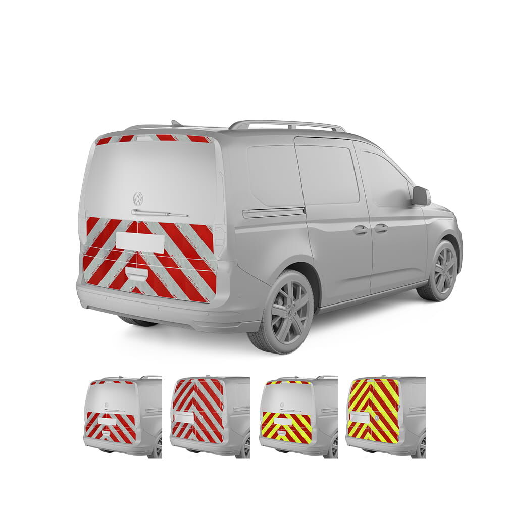 VW Caddy V, Baujahr 2021, Heckwarnmarkierung mit Variantenvorschau der Farben und Karosserie