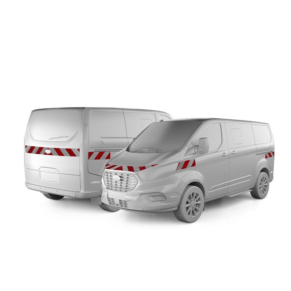 Ford Tourneo Custom in Front- und Heckansicht mit Komplettwarnmarkierungssatz, Baujahr 2018