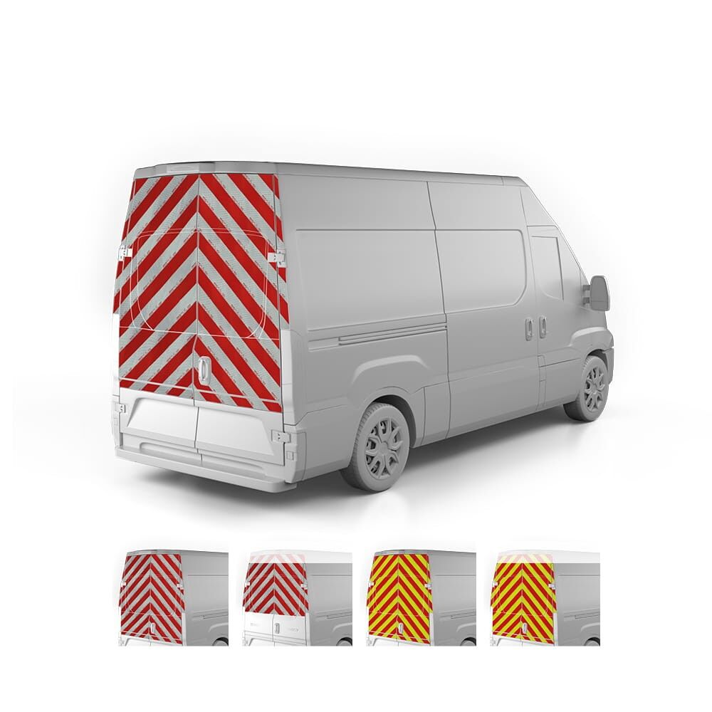 Iveco Daily, Baujahr 2020, Heckwarnmarkierung mit Variantenvorschau der Farben und Höhen