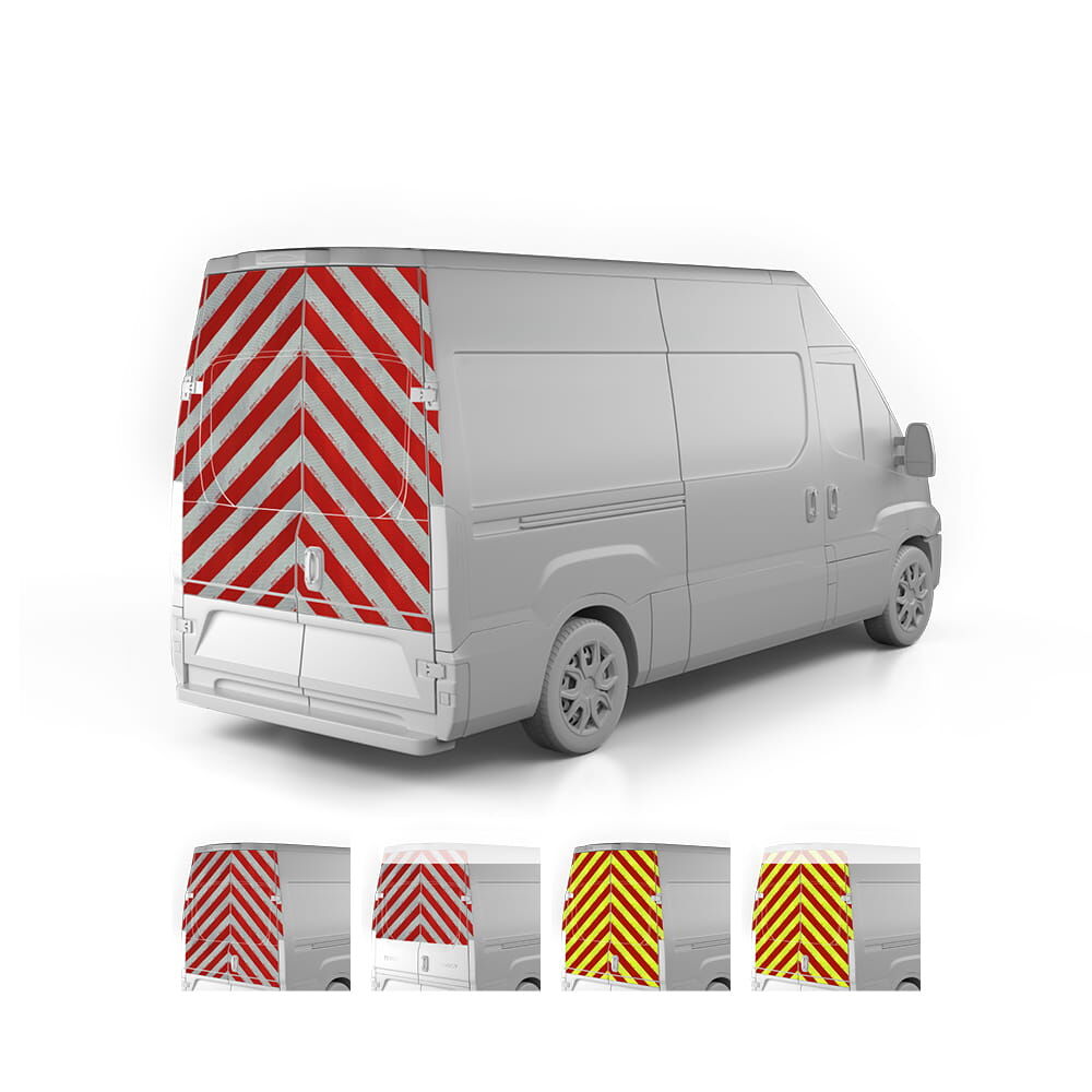 Iveco Daily, Baujahr 2020, Heckwarnmarkierung mit Variantenvorschau der Farben und Höhen