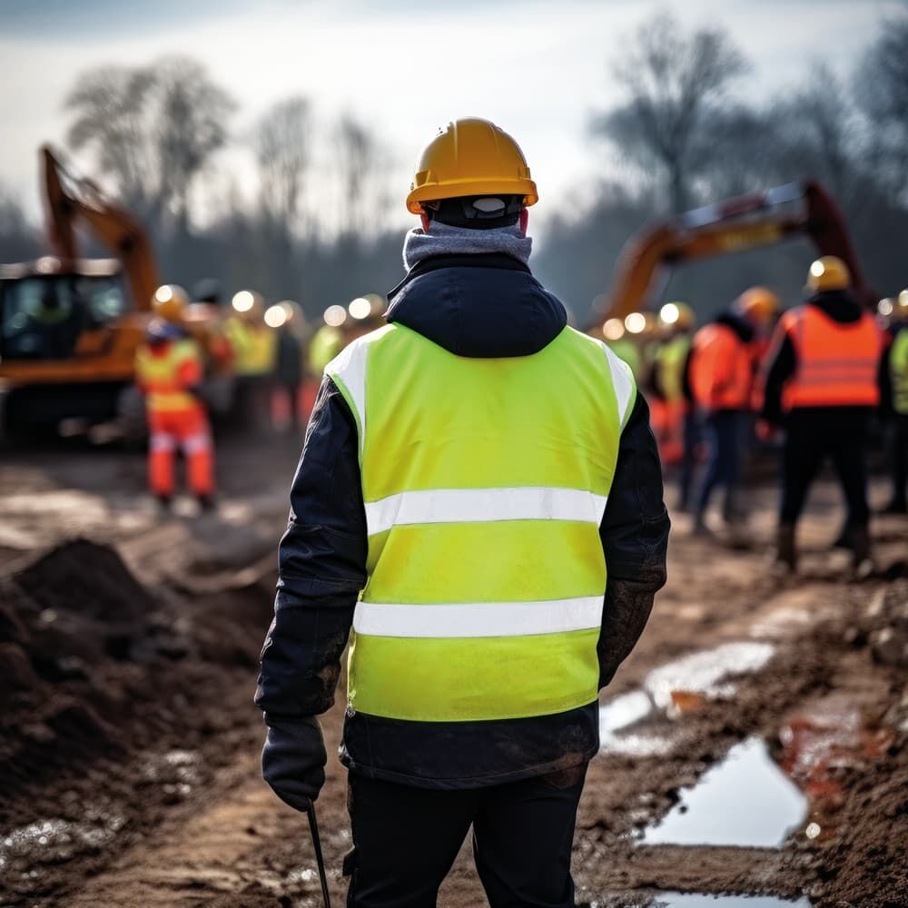 Bauarbeiter mit Warnweste mit angebrachten Reflexgewebe 9925+ überwacht Baustelle im Morgengrauen