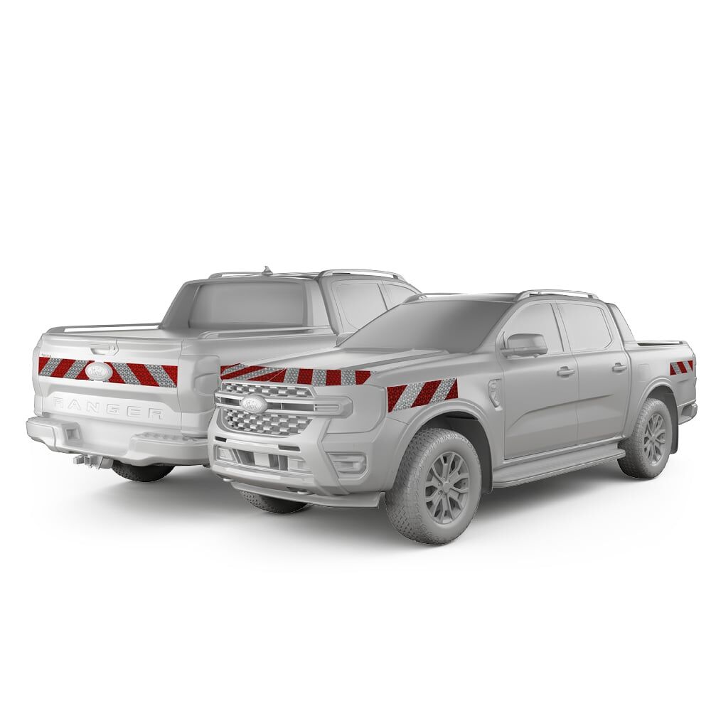 Ford Ranger Wildtrak in Front- und Heckansicht mit Komplettwarnmarkierungssatz, Baujahr 2023