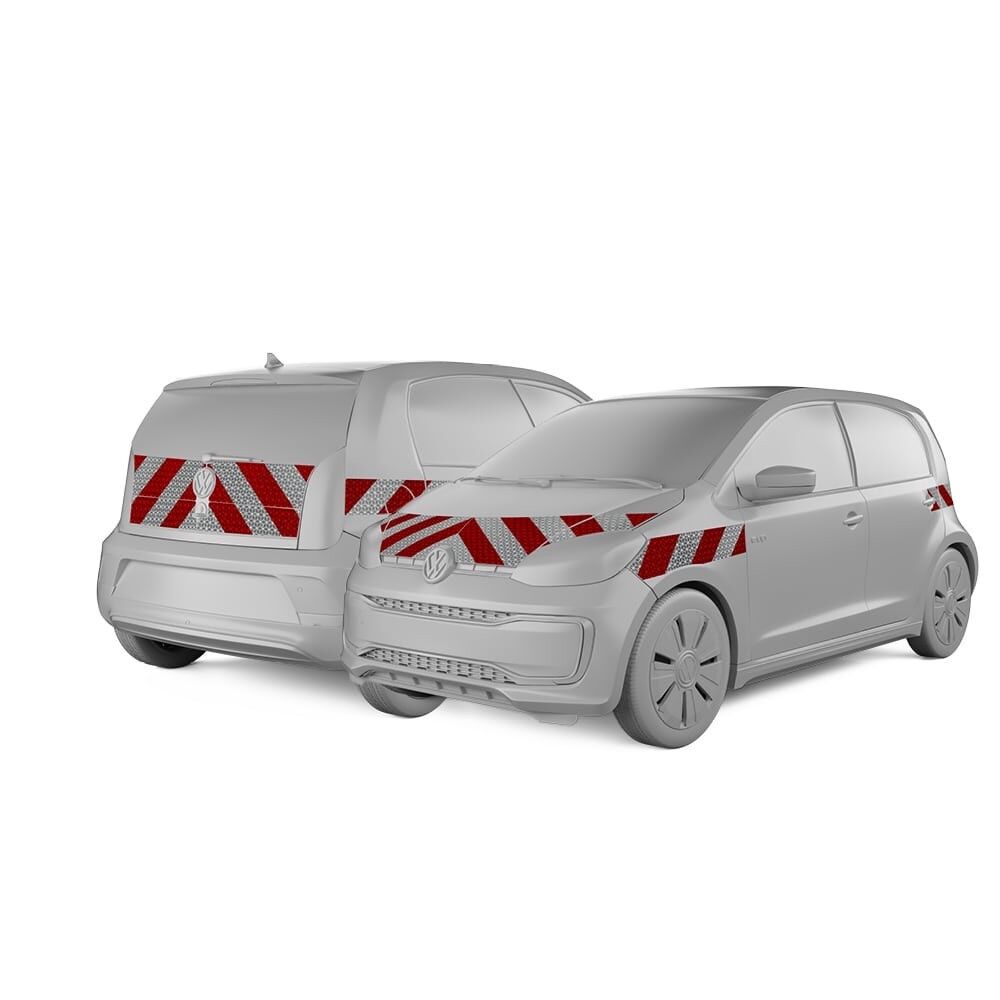 VW UP 5-Türer in Front- und Heckansicht mit Komplettwarnmarkierungssatz, Baujahr 2016