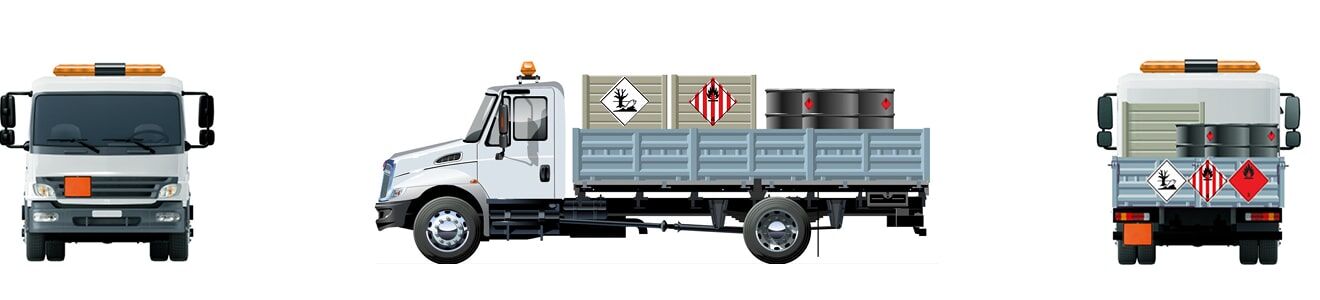 Ein weißer Gefahrgut-LKW von vorne, Seite und hinten, beladen mit unterschiedlichen Gefahrgutfässern und markiert mit verschiedenen Gefahrgut-Warnschildern und ADR-Warntafeln.