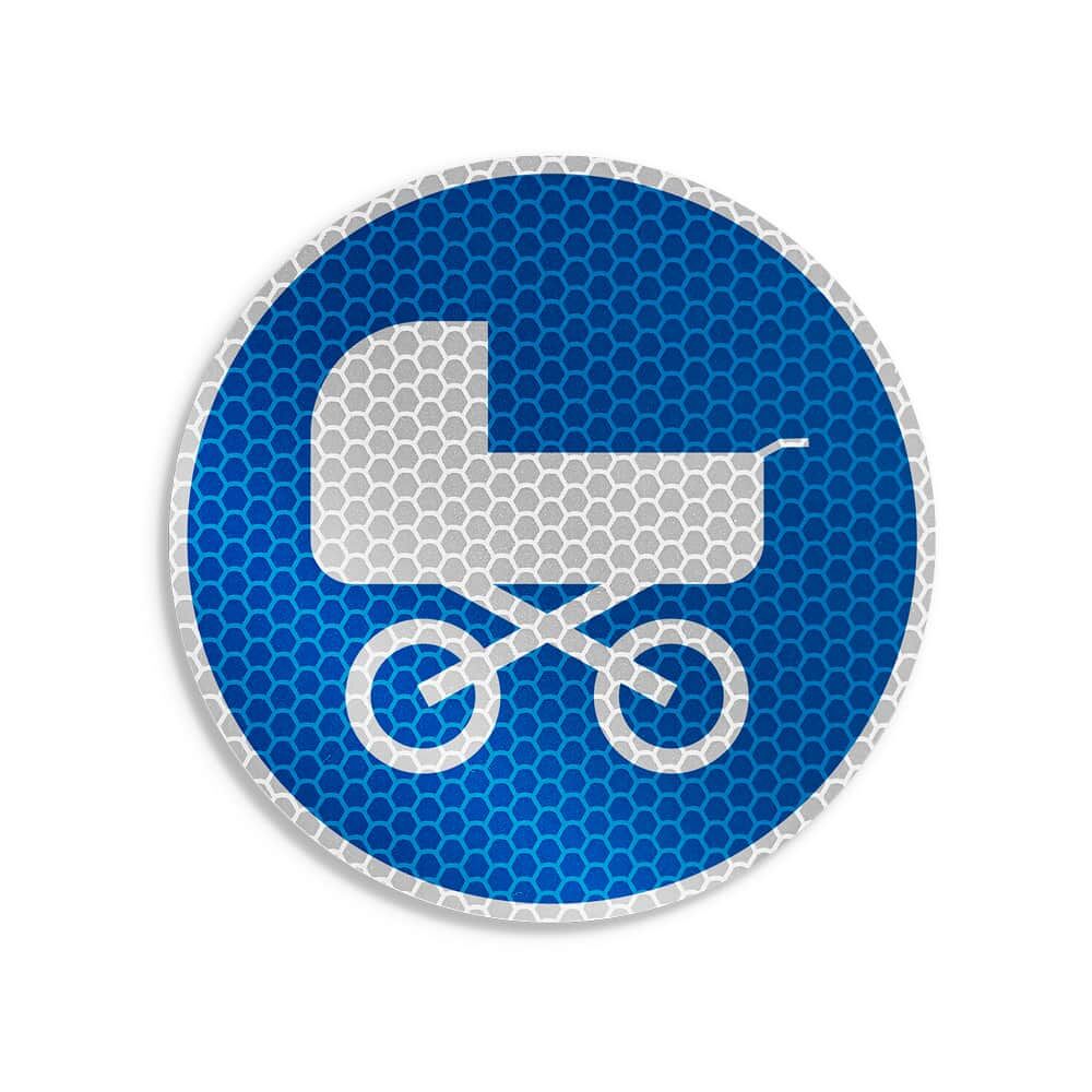 Runder Aufkleber Kinderwagen, Ø 10 cm, reflektierend, blau-weißes Symbol