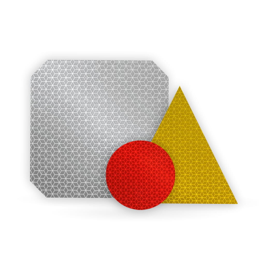 Quadrat, Kreis und Dreieck aus sehr stark reflektierender ORALITE VC 170 Folie in Weiß / Rot / Gelb