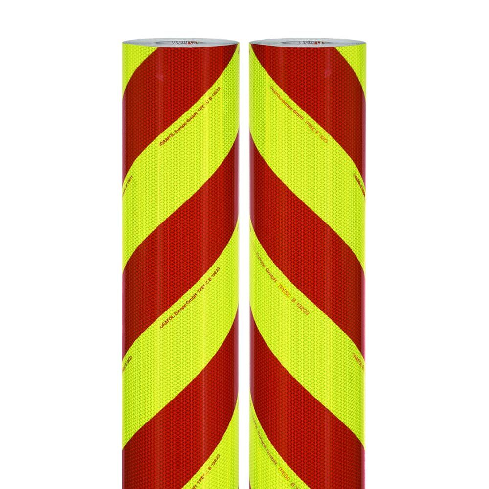 Zwei Rollen ORALITE VC 612 Folie rot/fluor-lime, erhältlich in verschiedenen Breiten
