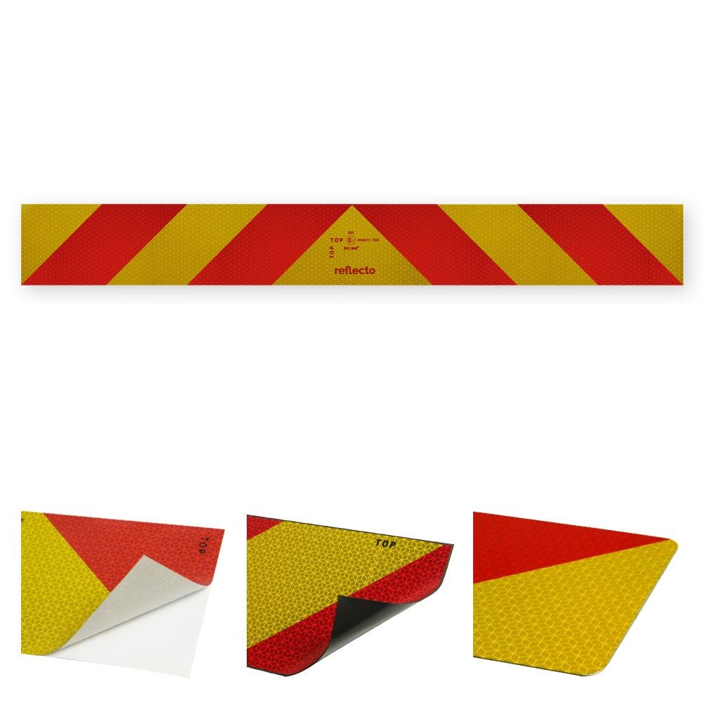 Eine reflecto Vollmarkierung rot-gelb in selbstklebend, magnetisch oder auf Aluverbund