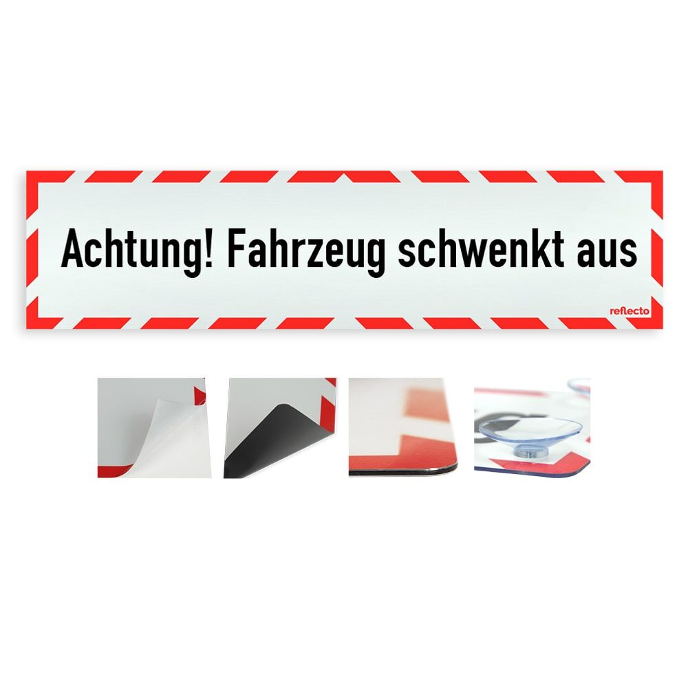 Hinweisschild „Achtung! Fahrzeug schwenkt aus“ mit rot-weißem Rahmen, Variantenübersicht