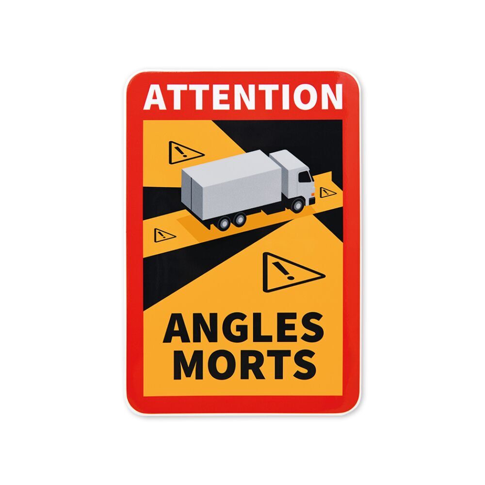 Warnschild „Angles Morts“ mit rotem Rand und LKW-Motiv, komplett sichtbar