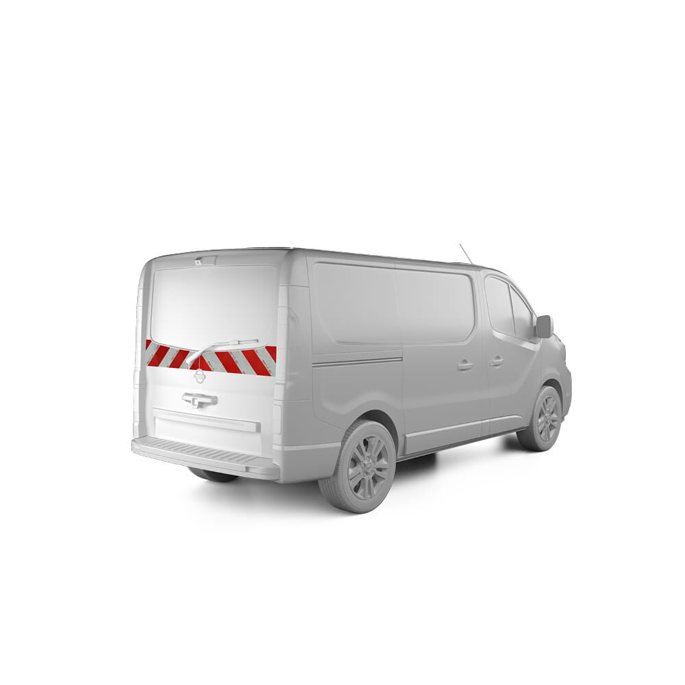 Nissan Primastar mit Heckklappe, ausgestattet mit Heckwarnmarkierung, Baujahr 2021