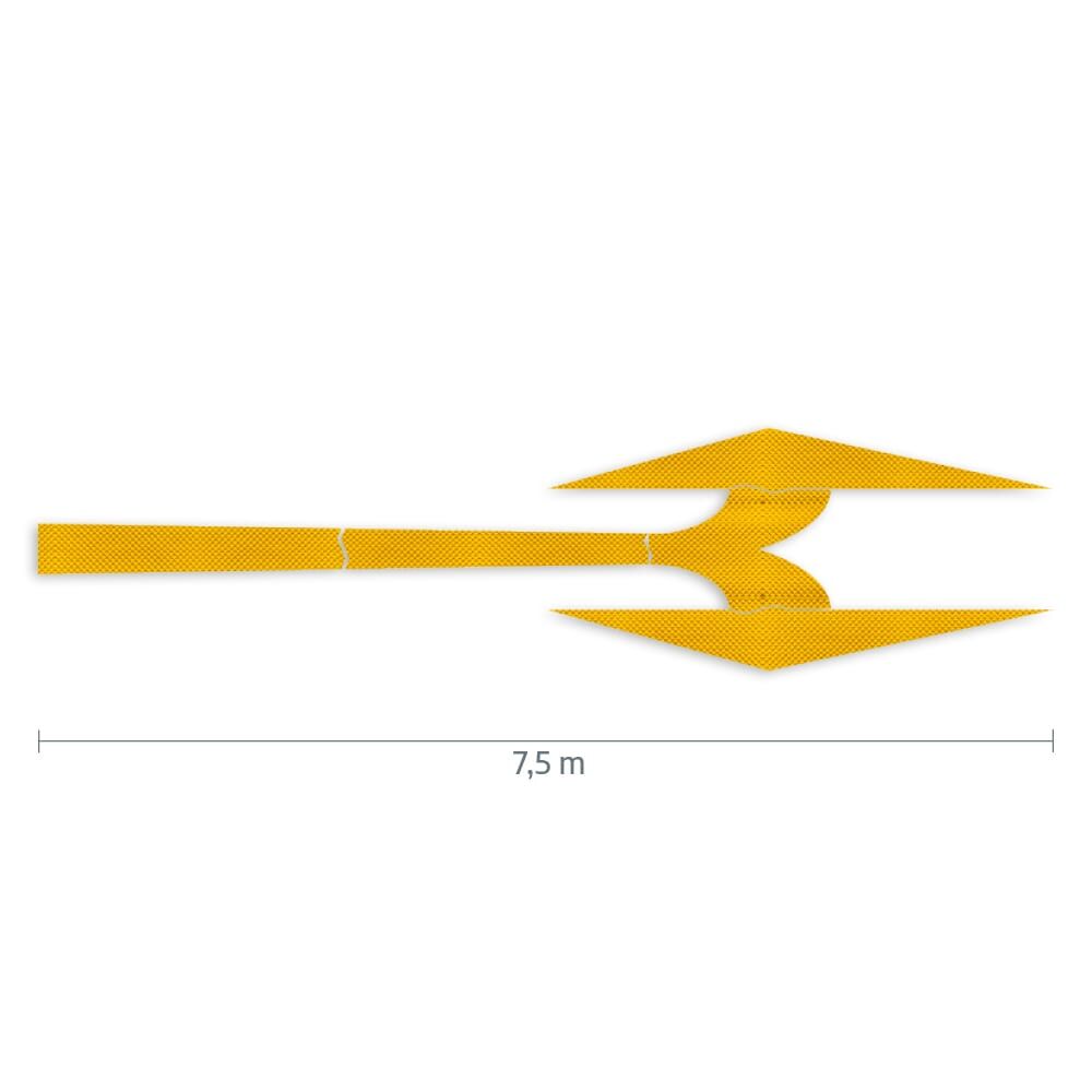 Gelber Richtungspfeil aus 3M Stamark Fahrbahnfolie mit Maßangabe: 7,5 m Länge